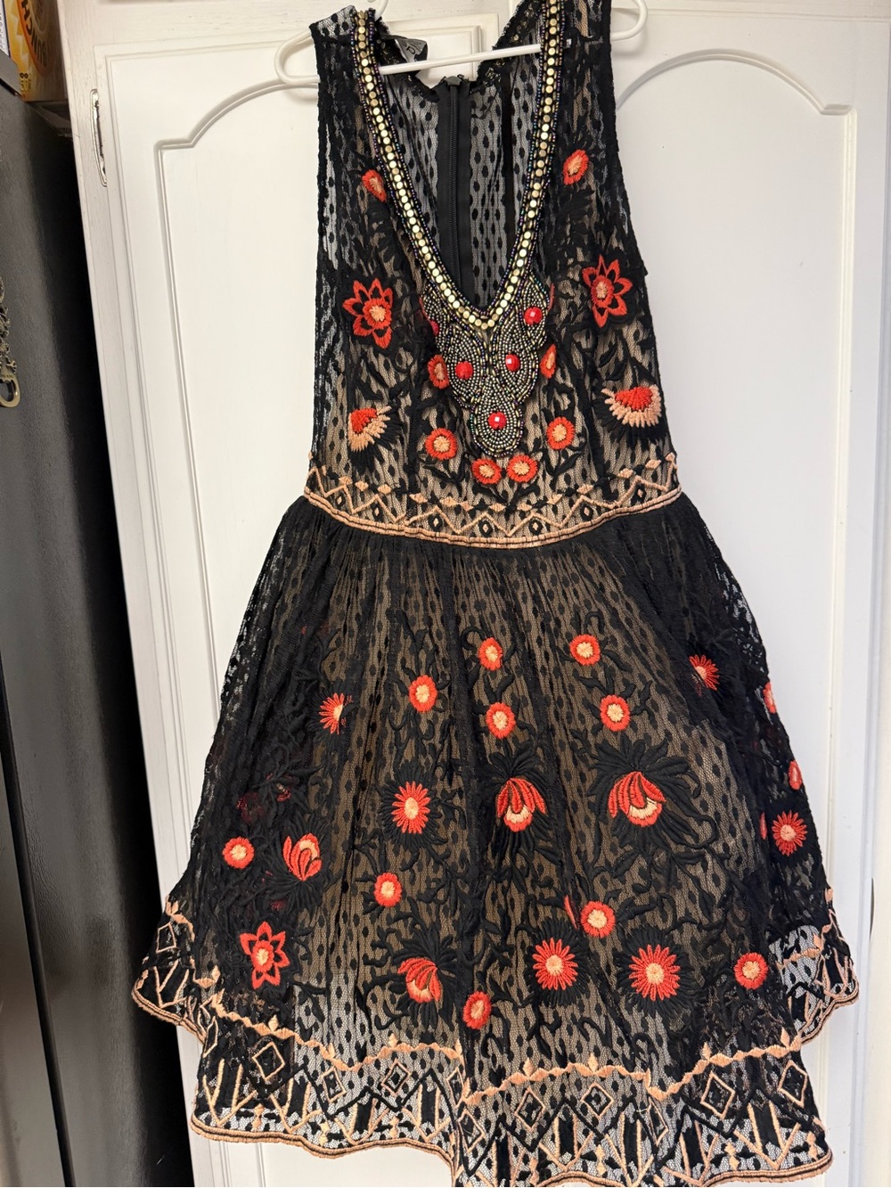 bebe Black Lace Dress with Multicolor Beaded Trim